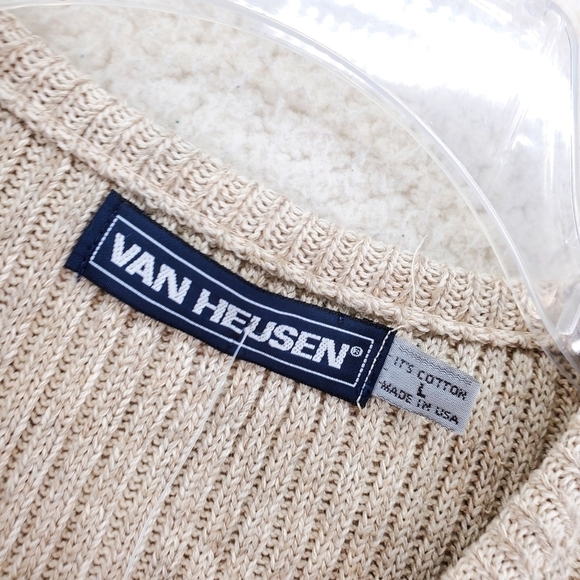 Vtg Van Heusen Dad Vest L Pullover Beige Green Striped Cotton Linen USA 90s NWT - Picture 9 of 10